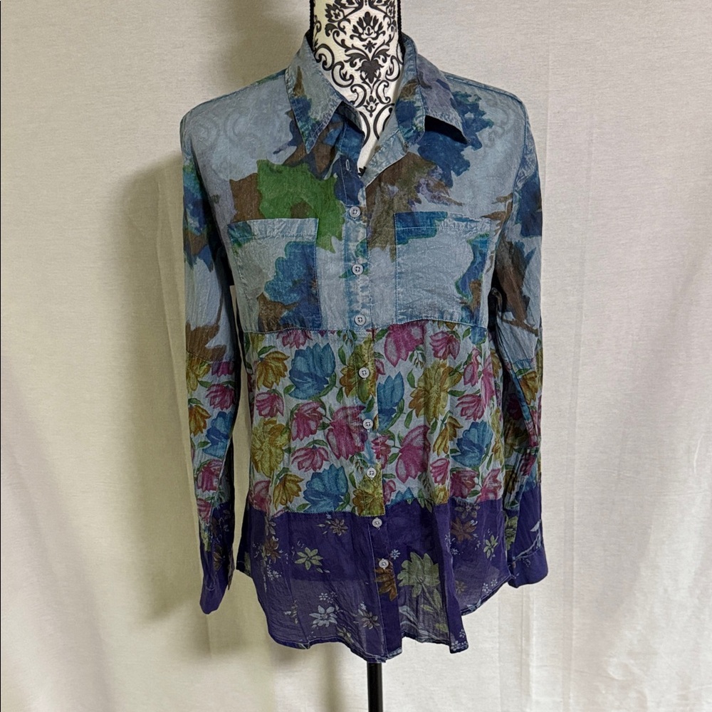 Vintage Goa Floral Abstract Patchwork Button Down Shirt Vintage Wash Cotton EUC